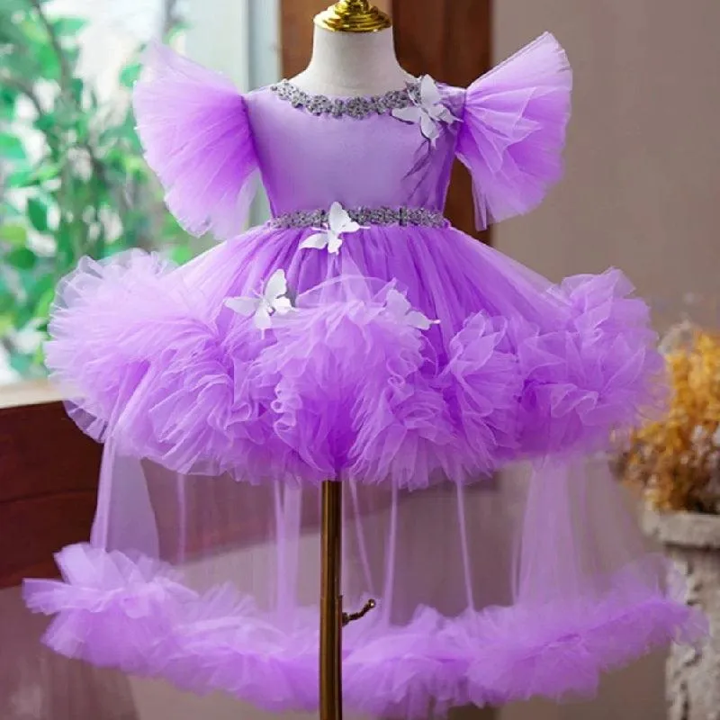 New style girls birthday party butterfly fluffy evening dress with tail mesh girl princess dress