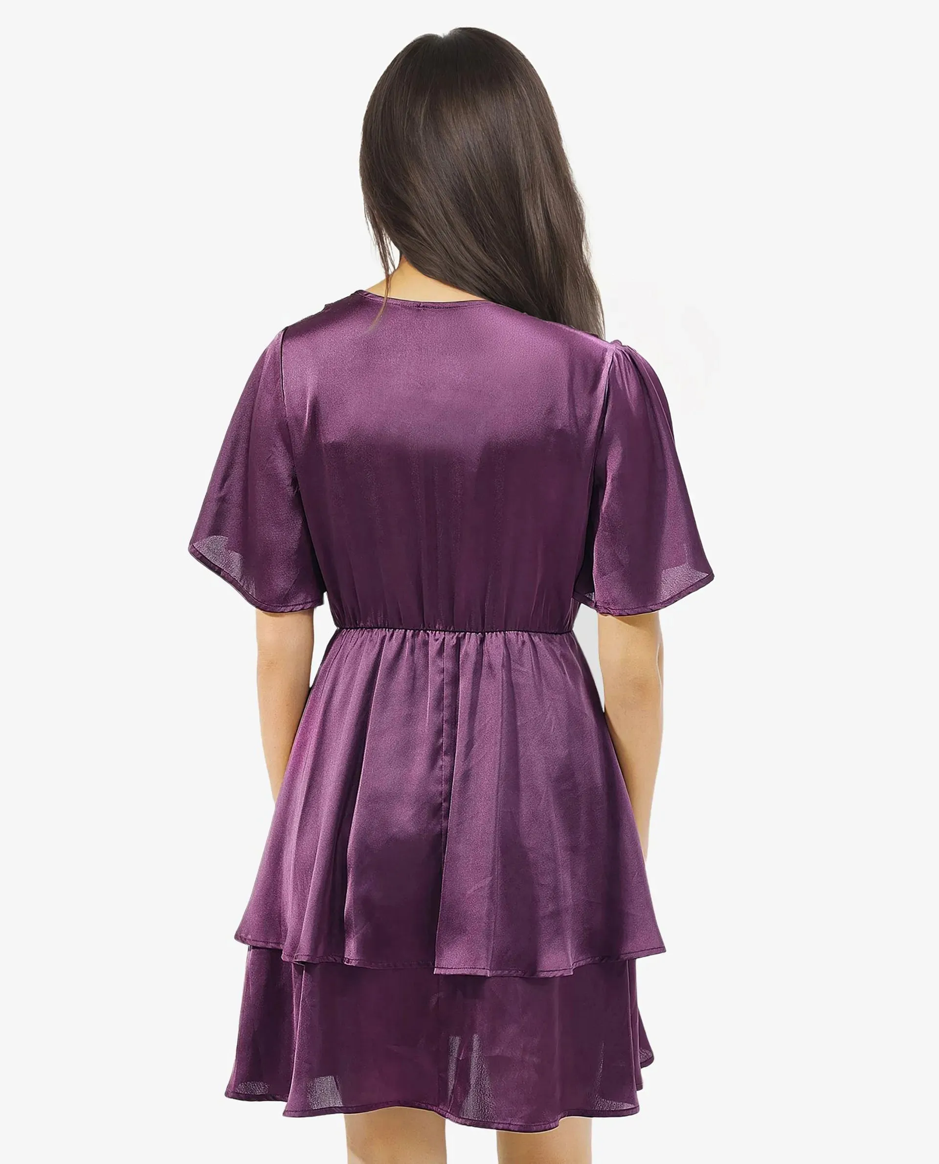 Rareism Women Creola Dark Purple Polyester Fabric Overlap Neck Mini Dress