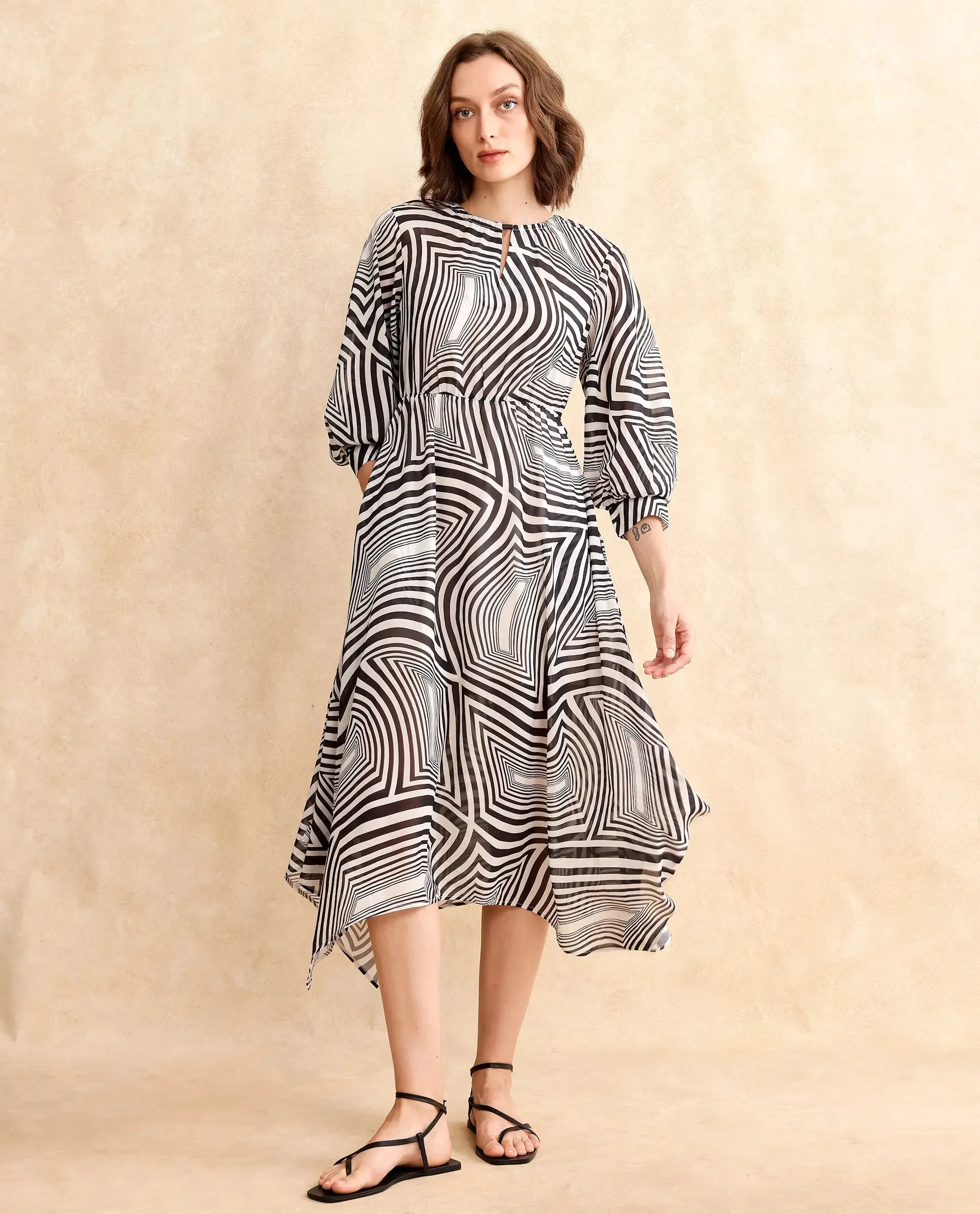 Rareism Women Dilob Black Cuffed Sleeve Collared Neck Button Closure Flared Maxi Abstract Print Dress