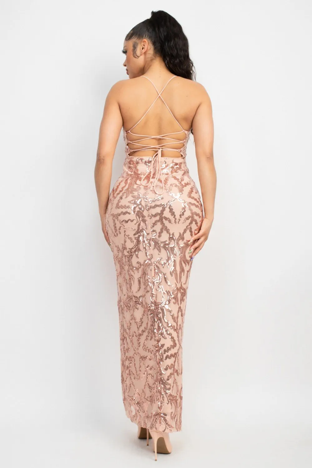 Sequin Back-Crisscross Tie Slit Dress