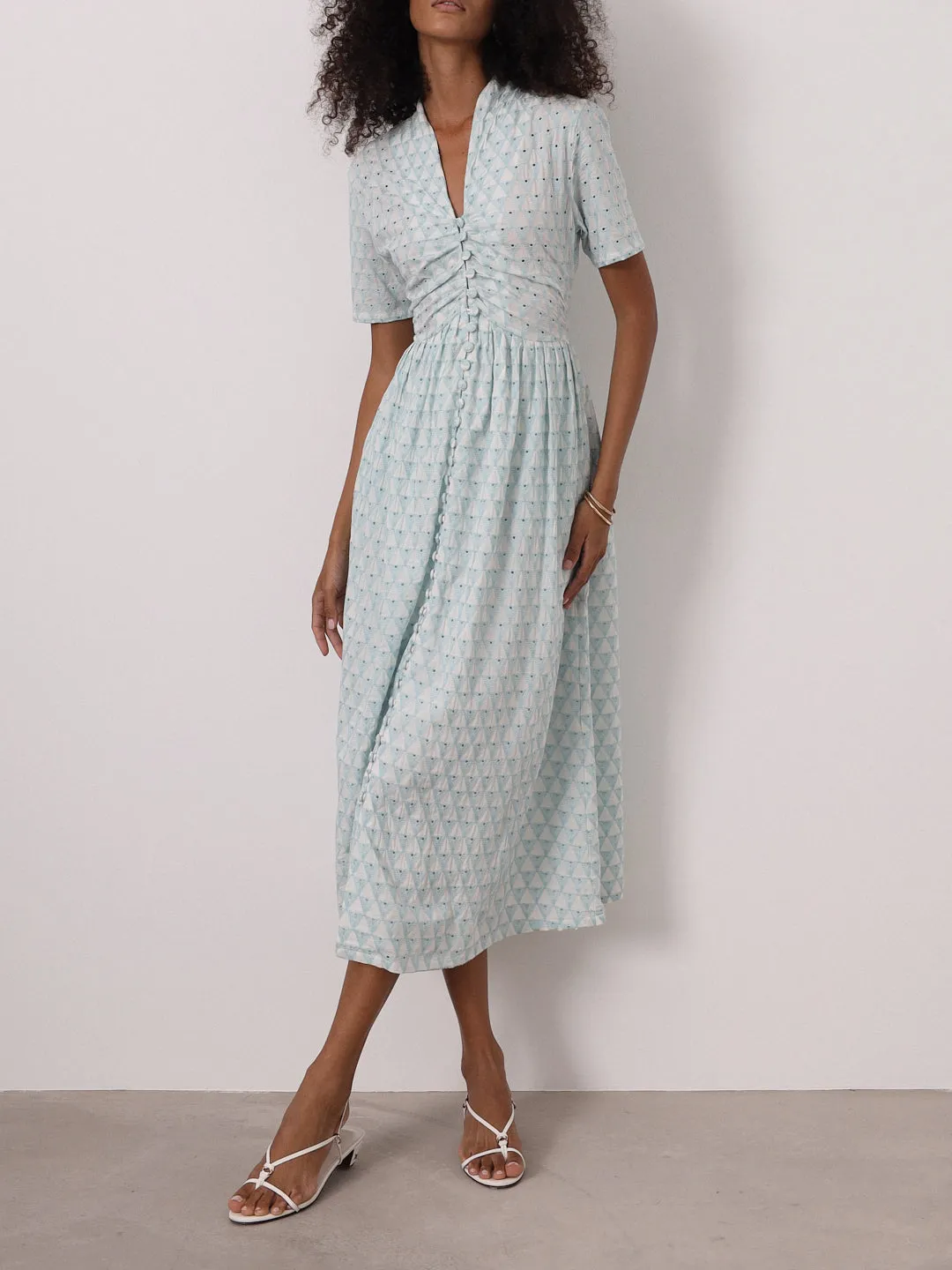 Sibel Embroidered Midi Dress | White/Turquoise