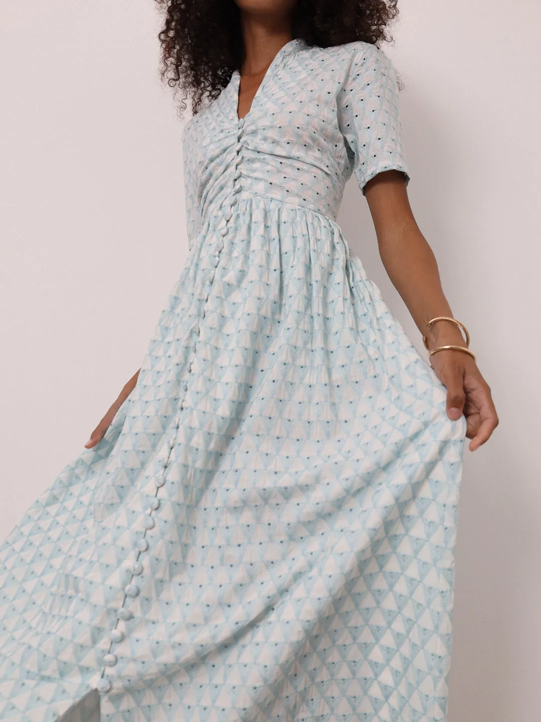 Sibel Embroidered Midi Dress | White/Turquoise