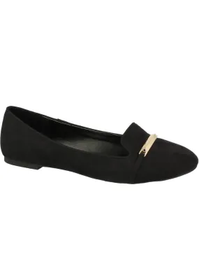 Sofia Gold Bar Front Suedette Loafers in Black