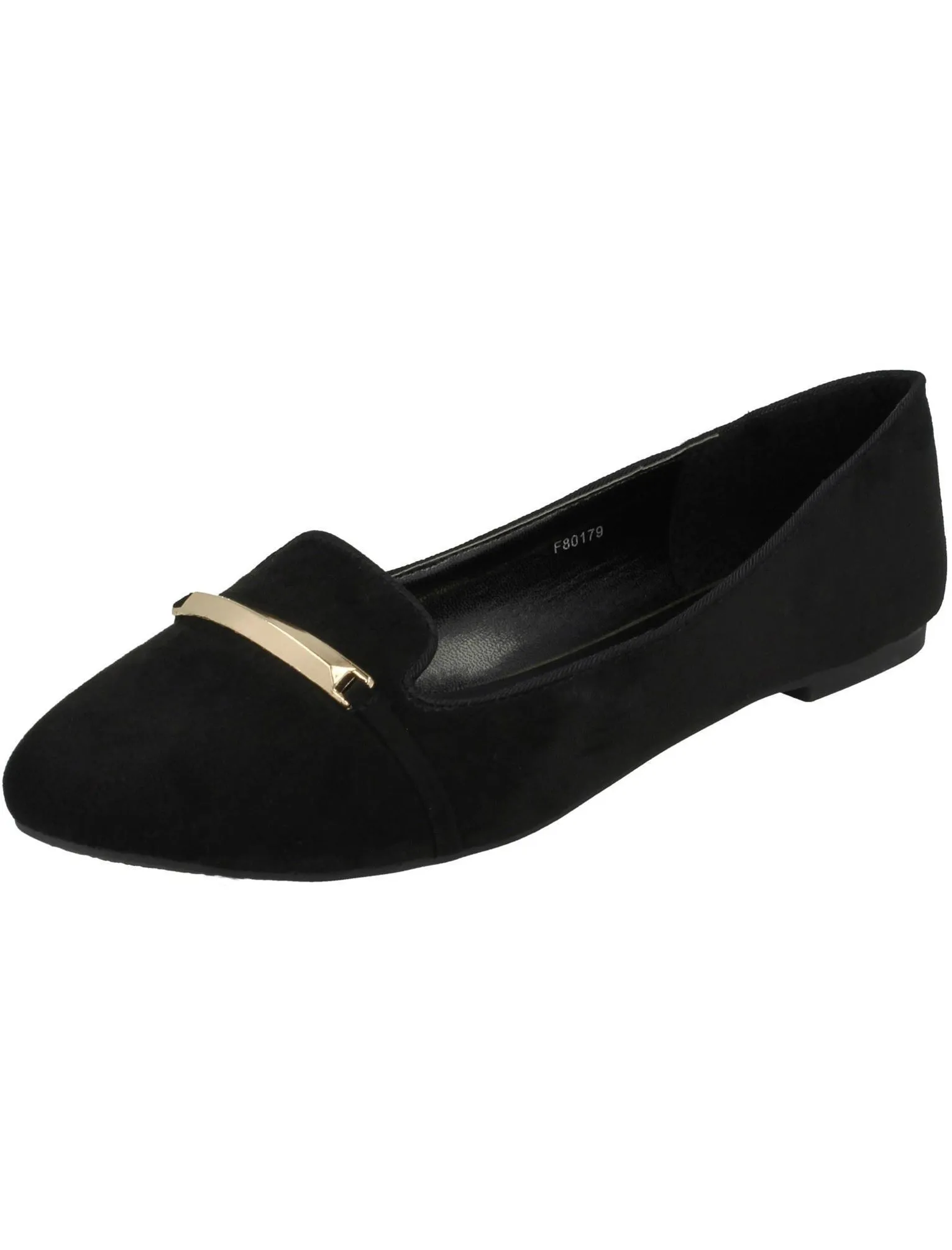 Sofia Gold Bar Front Suedette Loafers in Black