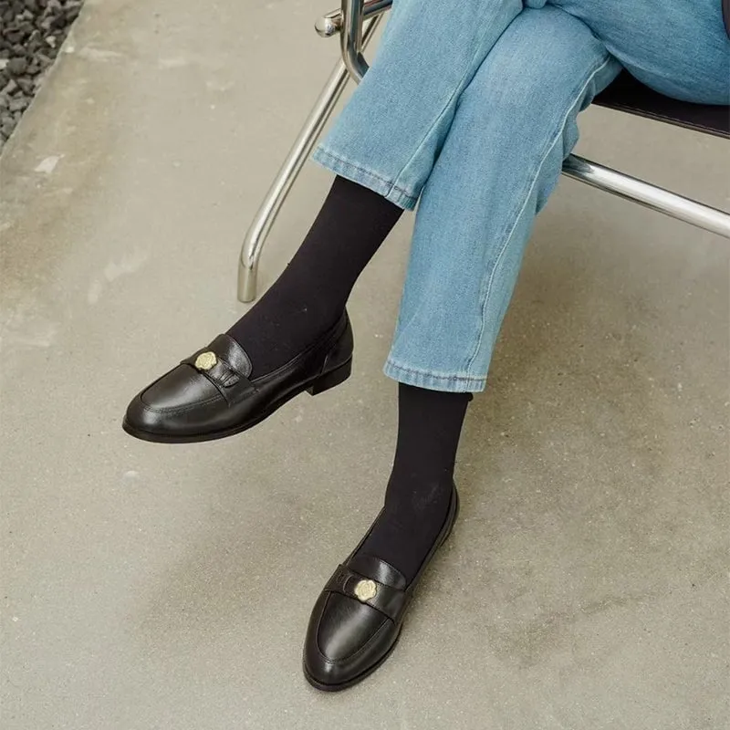 Soft Leather Penny Loafers for Women with Camellia Detail in Black