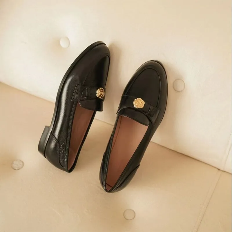 Soft Leather Penny Loafers for Women with Camellia Detail in Black