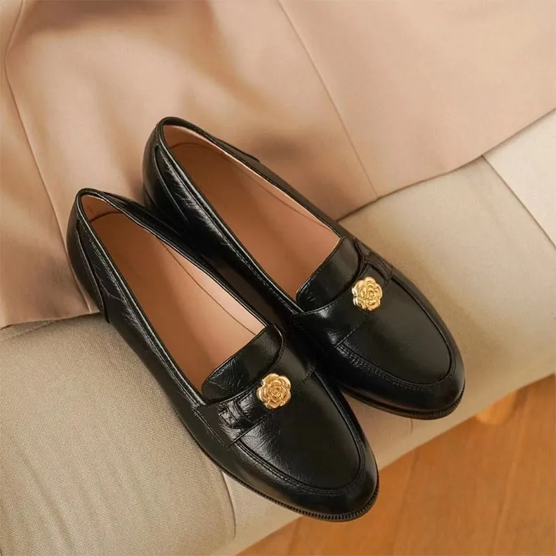 Soft Leather Penny Loafers for Women with Camellia Detail in Black