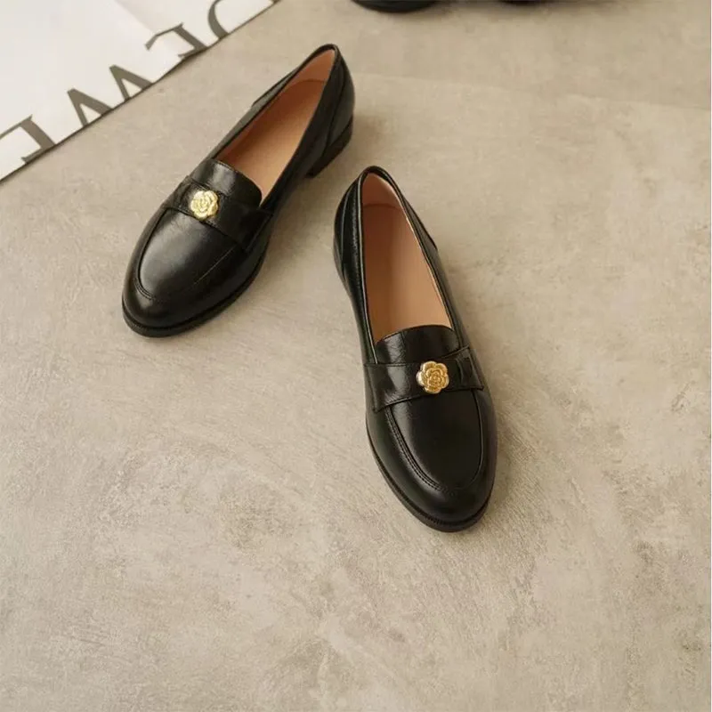 Soft Leather Penny Loafers for Women with Camellia Detail in Black