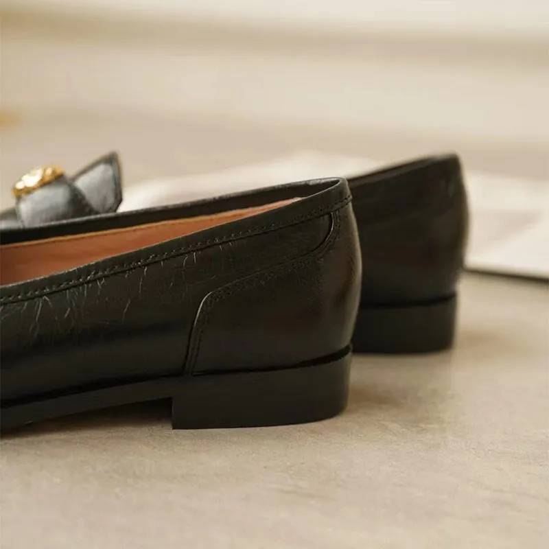 Soft Leather Penny Loafers for Women with Camellia Detail in Black