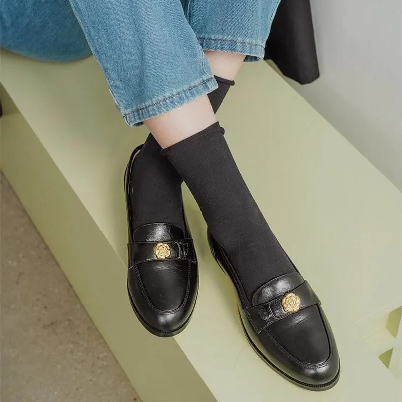 Soft Leather Penny Loafers for Women with Camellia Detail in Black