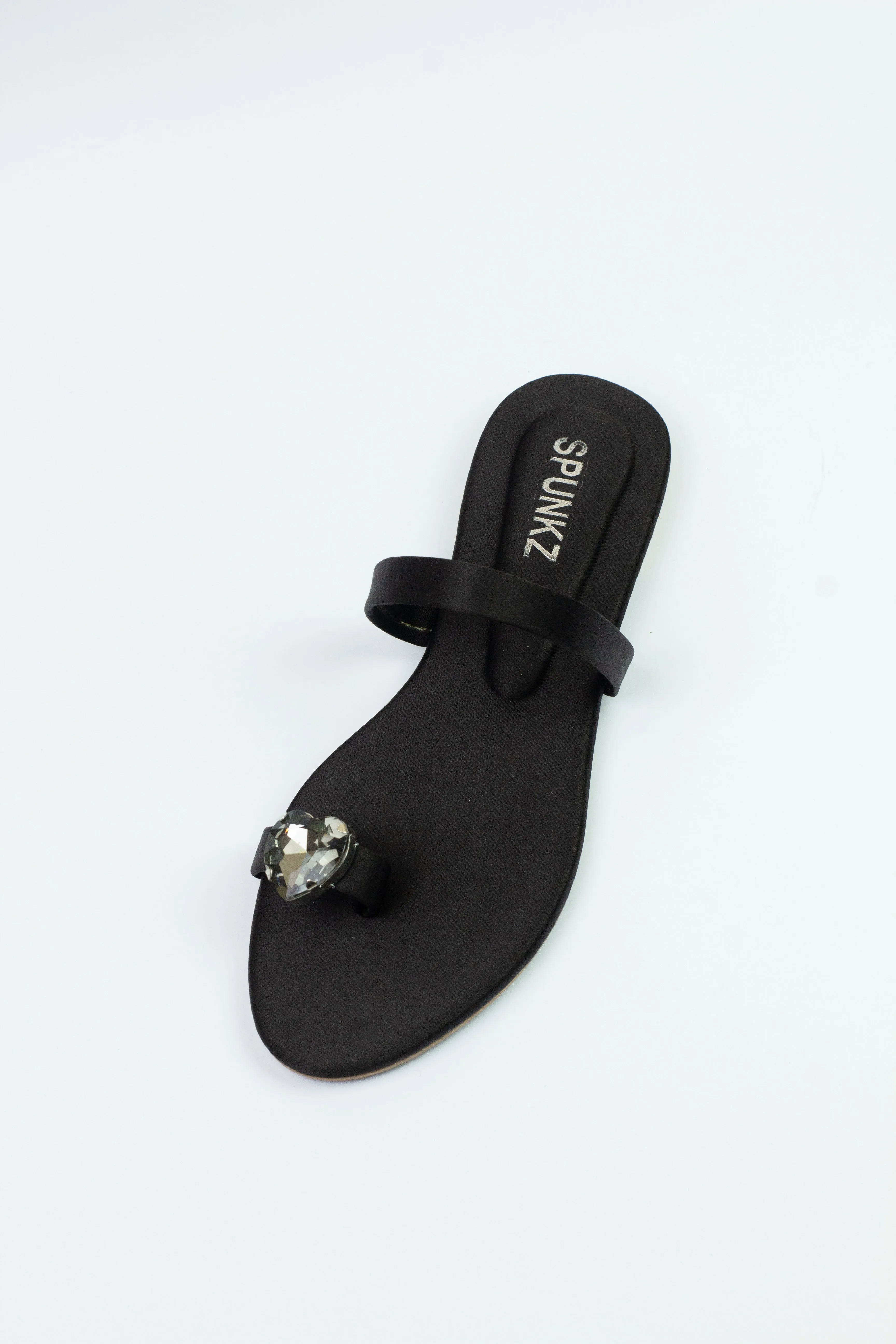 Spunkz Black Heart Ring Toe Flats - Black Diamond Toe Ring Slip-On Slides