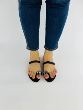 Spunkz Black Heart Ring Toe Flats - Black Diamond Toe Ring Slip-On Slides