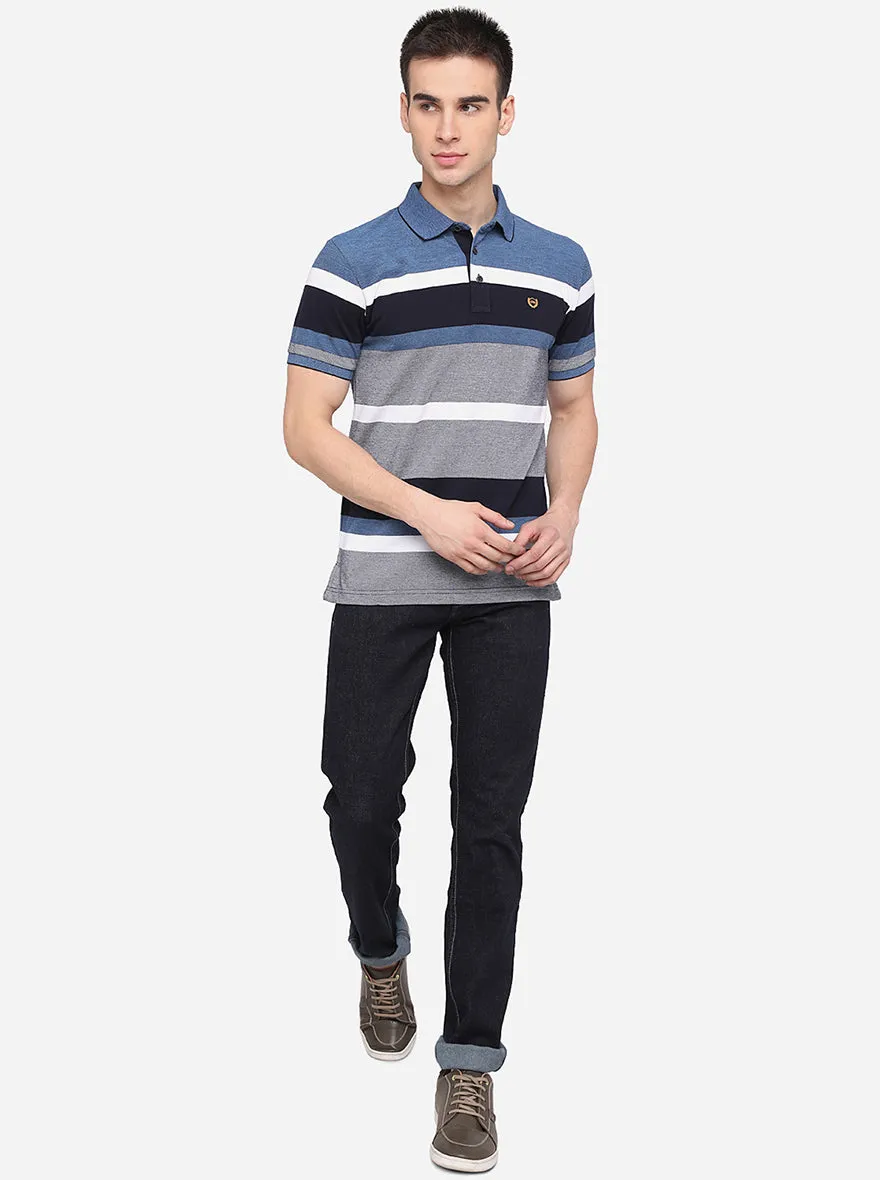 Steel Grey Striped Slim Fit Polo T-Shirt | JadeBlue