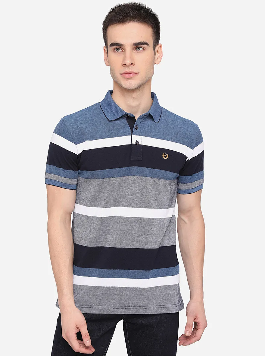 Steel Grey Striped Slim Fit Polo T-Shirt | JadeBlue