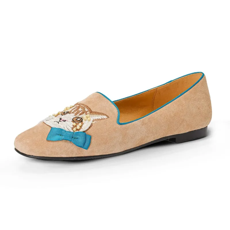 Suede Sheepskin Loafers for Women Embroidery Cat in Green/Apricot