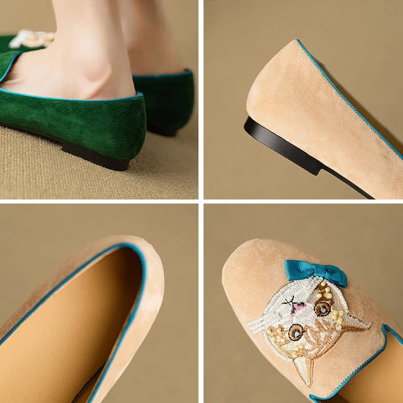 Suede Sheepskin Loafers for Women Embroidery Cat in Green/Apricot