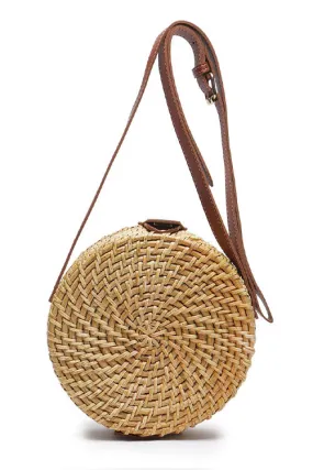 Tan Brown Round Rattan Sling Bag