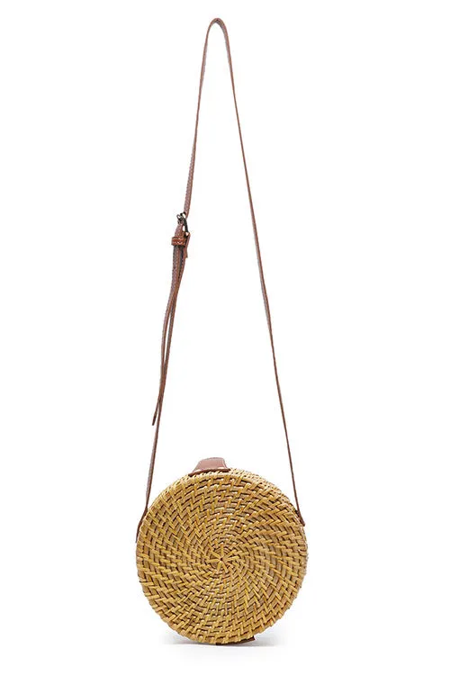 Tan Brown Round Rattan Sling Bag