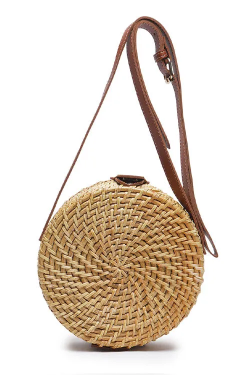 Tan Brown Round Rattan Sling Bag