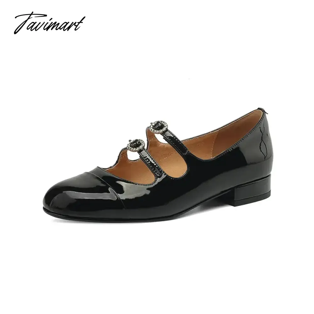 TAVIMART  -  Spring New Round Toe Split Genuine Leather Mary Jane Shoes Women's Rhinestone Buckle Strap Block Low Heels Flats Loafers 40