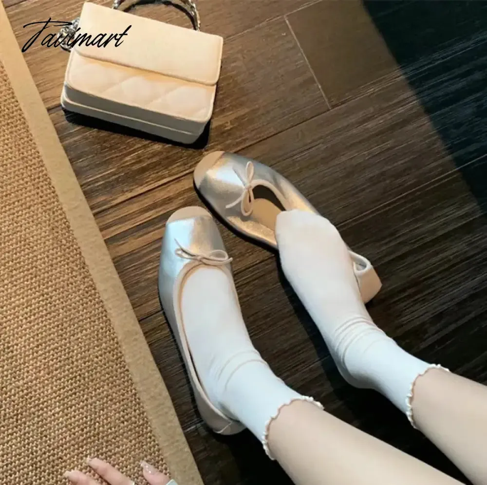 TAVIMART  -  Square Toe Ballet Flats Mary Janes Shoes for Women Elegant Heeled Silver Loafers Summer Ladies Shoes on Offer Footwear New