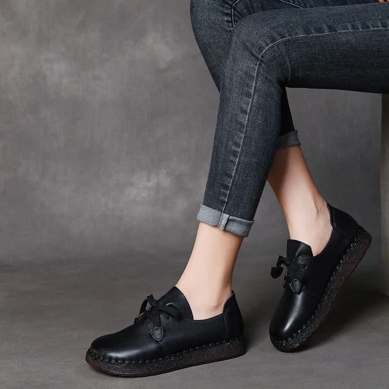 Women's Casual Lace-up Loafers Handmade Leather Flats