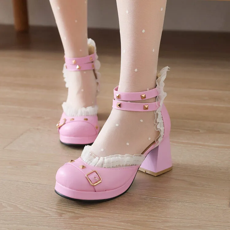 Women's Rivets Lace Ankle Strap Block Heel Platform Sandals